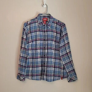 Women's size large Dickies flannel long sleeve button up blue and purple